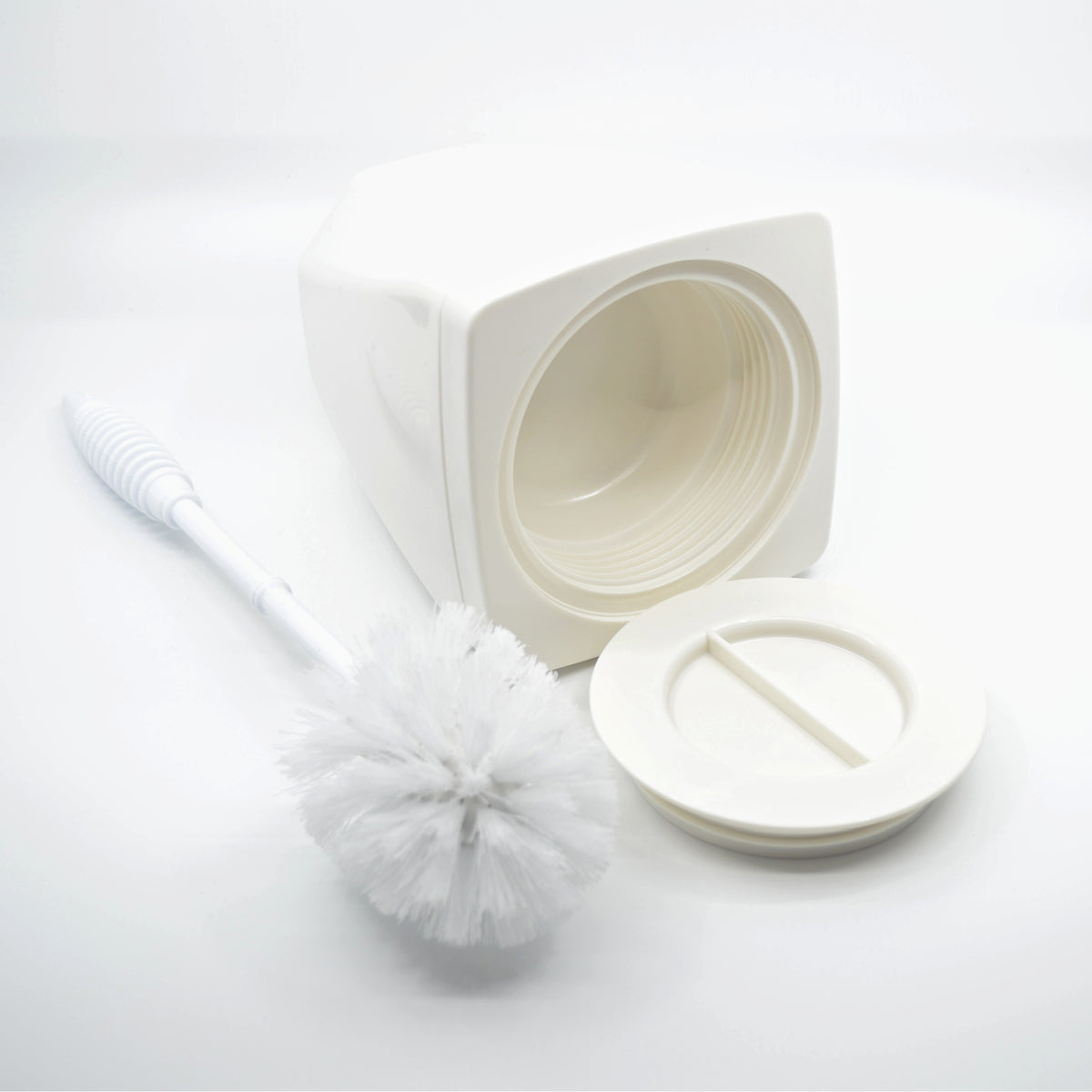 Secret Storage Toilet Brush – hidden compartment in the holder base with the screw-off lid removed.