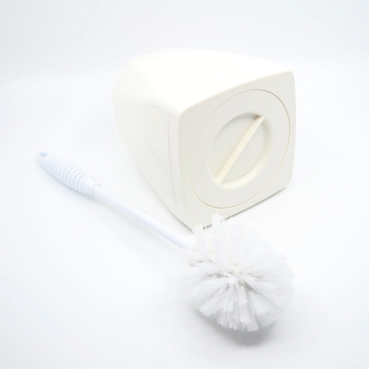Secret Storage Toilet Brush – holder base with the hidden compartment lid closed and white brush alongside.