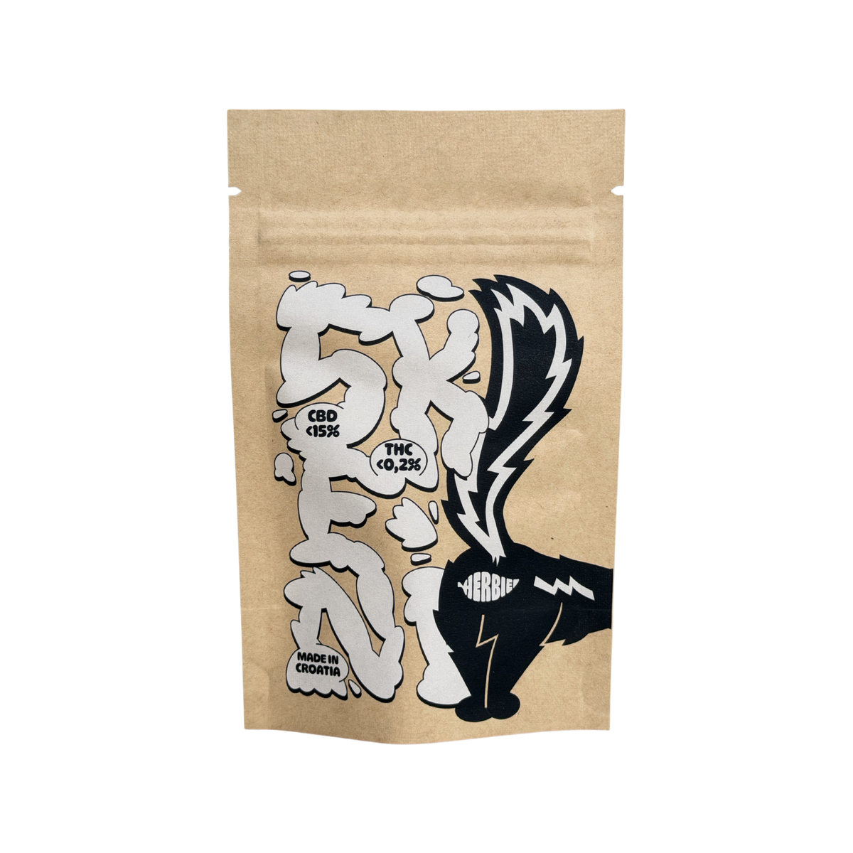 Herbie Skeni CBD flower – front of resealable pouch with black and white skunk illustration.