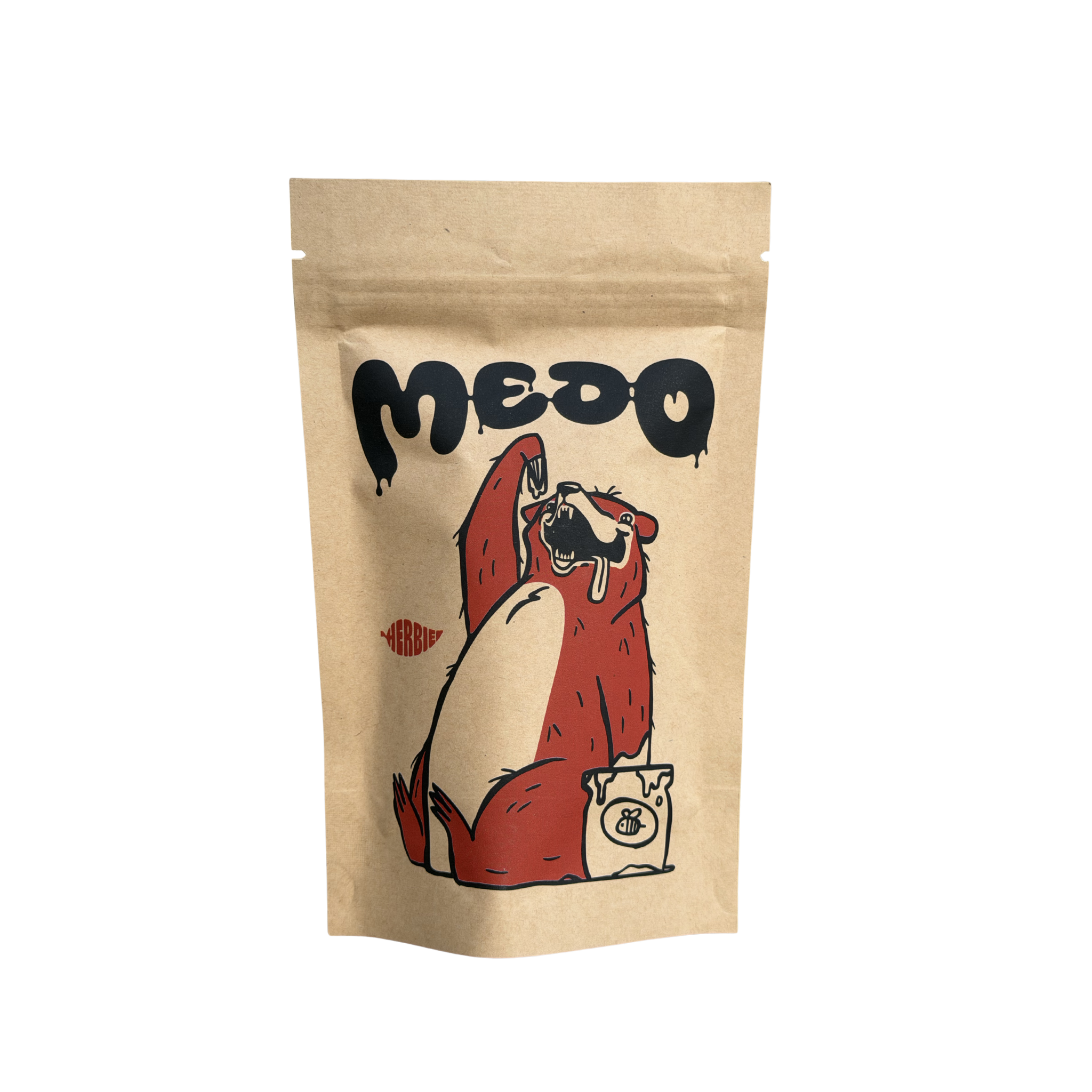 Herbie Medo CBD flower – front of resealable pouch with bear and honey jar illustration.