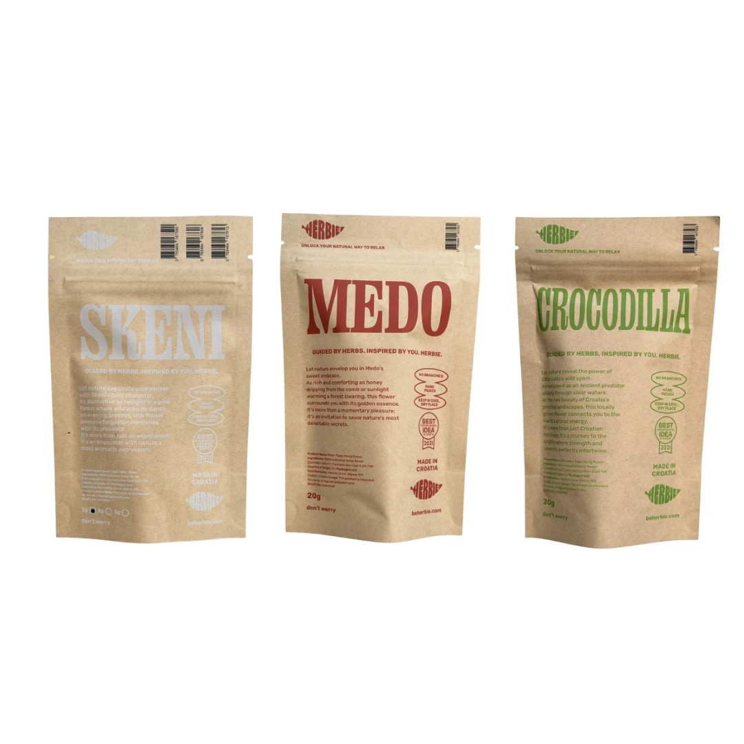 Herbie CBD Flower Trio – back of Skeni, Medo and CROcodila Haze pouches showing product labels.