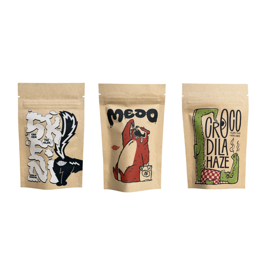 Herbie CBD Flower Trio – Skeni, Medo and CROcodila Haze CBD flowers in three individual packages.
