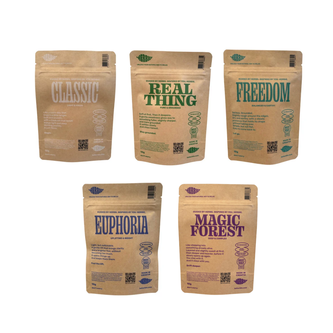 Herbie CBD-Free Mix Pack – stražnje strane pakiranja Classic, Real Thing, Freedom, Euphoria i Magic Forest.