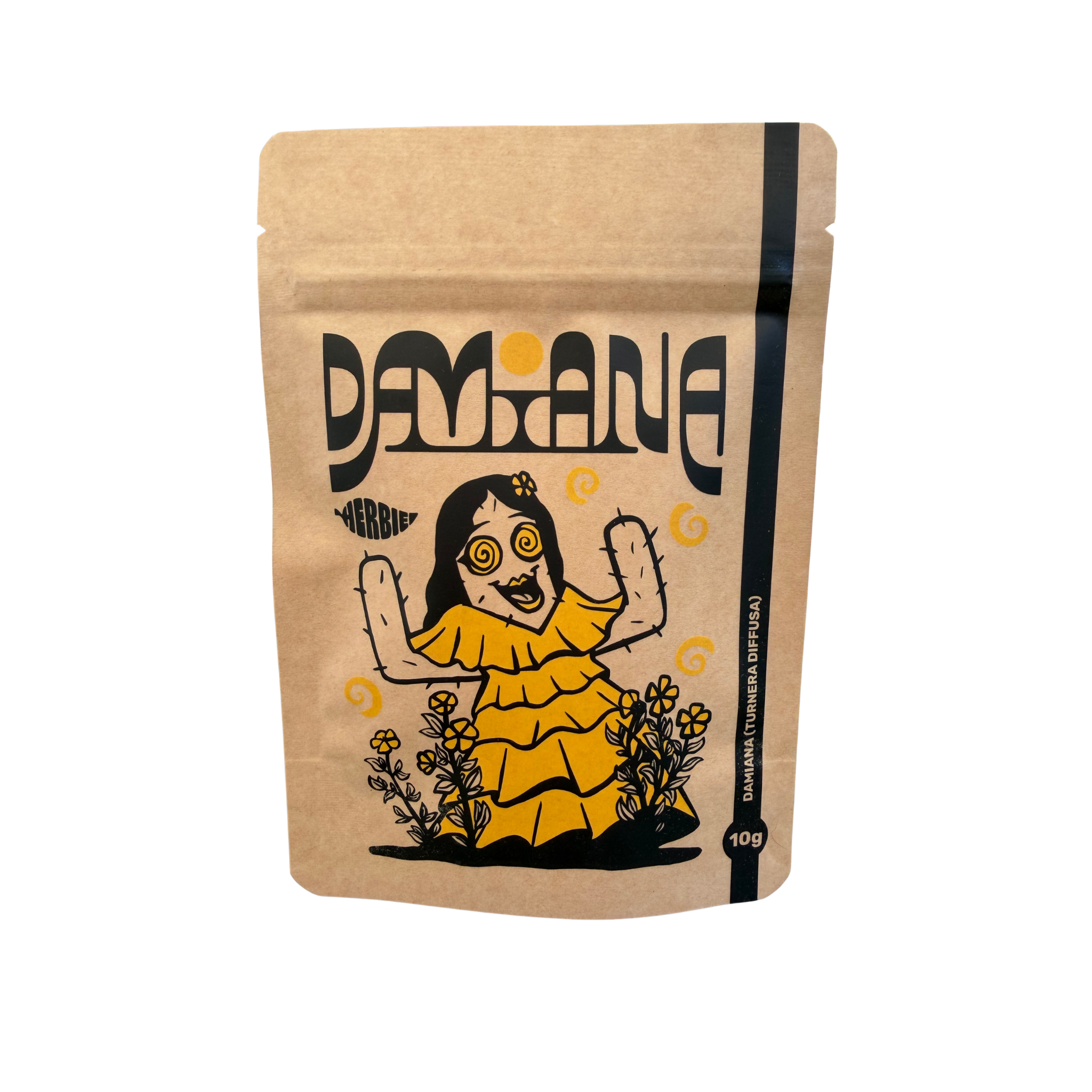 Herbie Damiana – front of resealable pouch with yellow character and botanical illustrations.