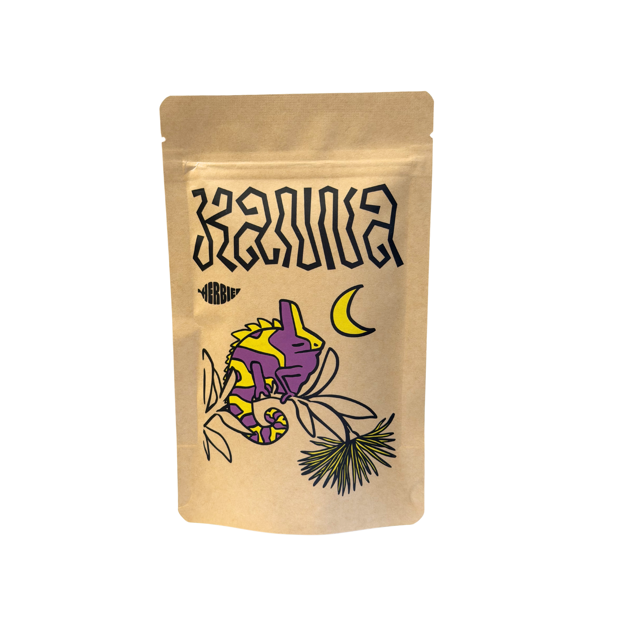 Herbie Kanna – front of resealable pouch with purple chameleon and crescent moon illustrations.