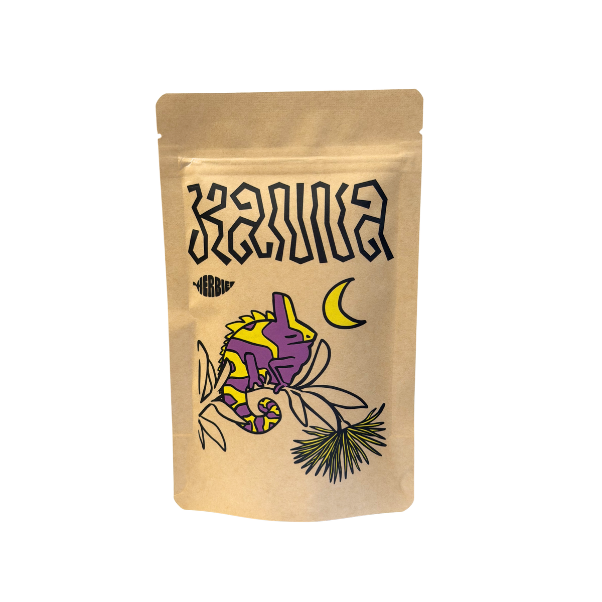 Herbie Kanna – front of resealable pouch with purple chameleon and crescent moon illustrations.