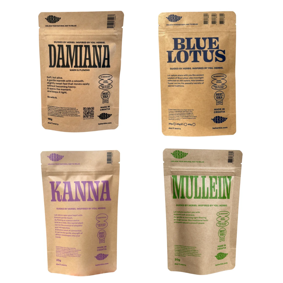 Herbie Mix Your Own – back of Damiana, Blue Lotus, Kanna and Mullein pouches showing product labels.