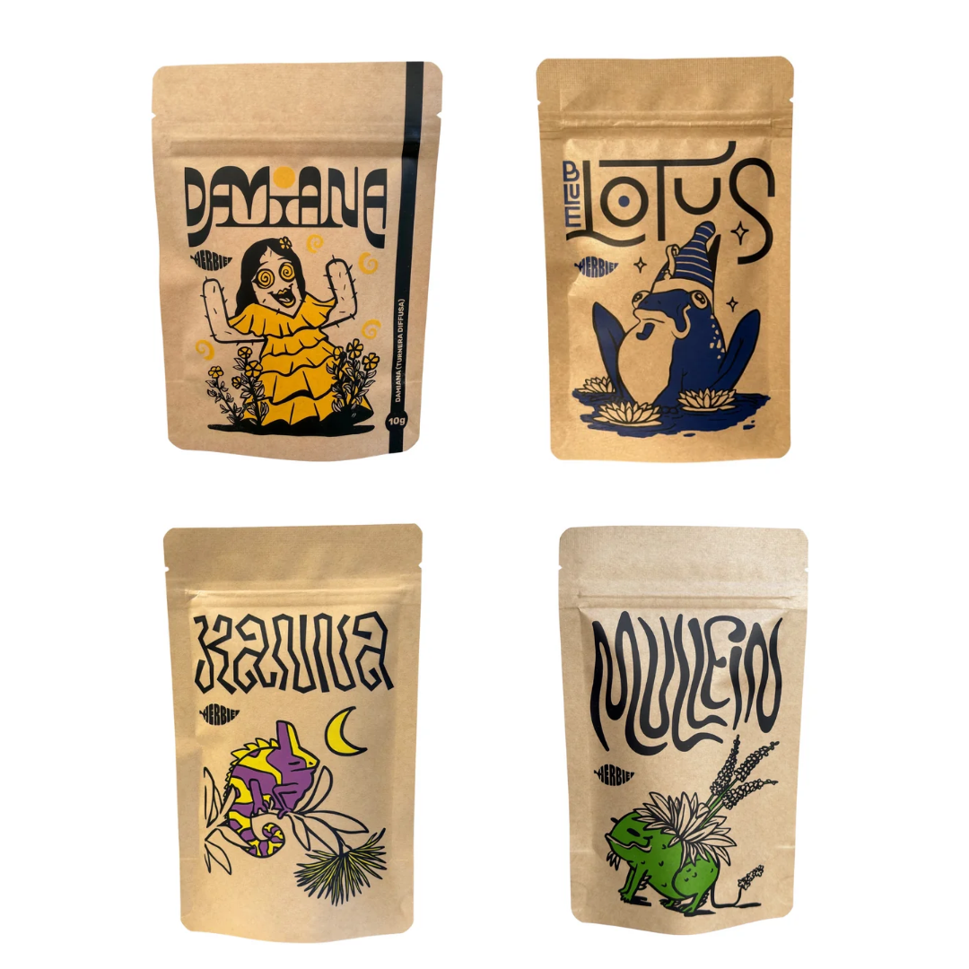 Herbie Mix Your Own – Damiana, Blue Lotus, Kanna and Mullein in four individual pouches.